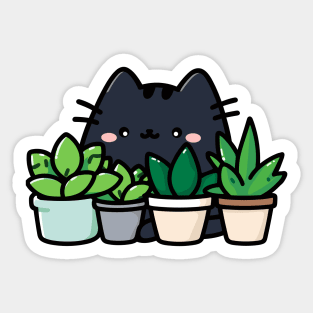 Cute Kawaii Black Cat Hiding Behind House Plants Sticker